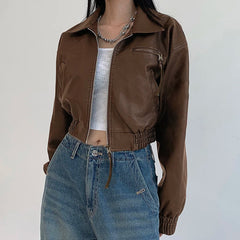 Aiertu - Korean Fashion Brown PU Jacket Y2K Vintage Autumn Casual Faux Leather Zipper Coat Harajuku Streetwear Outwear Lady Aiertu