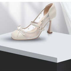 Aiertu - Sexy mesh high heels pumps new selling thin heel shallow mouth breathable black temperament women square head single shoes Aiertu