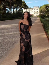 Aiertu - Black Rose Printed See Through Slim Long Dress Women Sexy Irregular Spaghetti Sleeveless Backless Vestidos Elegant Party Robe Aiertu
