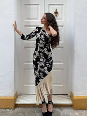 Aiertu - Slanted Shoulder Tassel Dress Embroidered Printed Half Sleeves Fringed Slim Fit Waist Cinching Women Long Dresses Fashion Robes Aiertu