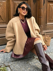 Aiertu - casual winter outfits Elegant Solid Single Breasted Women Coat Full Sleeve Loose Lady Jacket 2024 Fashion Winter Highstreet Autumn V Neck Lady Outwear Aiertu
