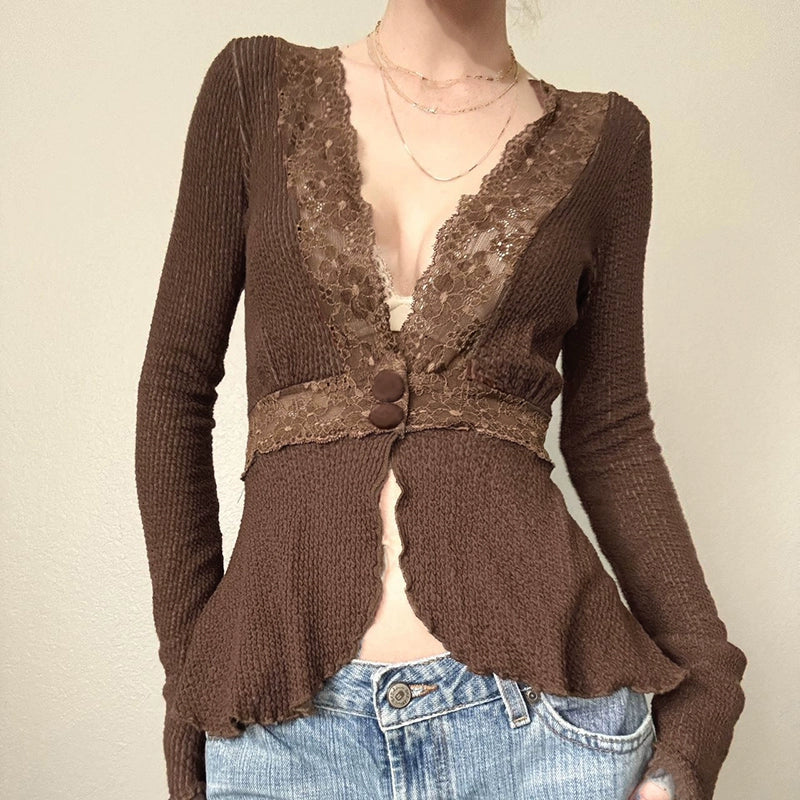 Aiertu -Dezirae Lace Woolen V-Neck Cardigan aiertu