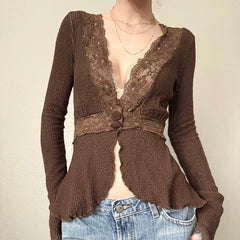 Aiertu -Dezirae Lace Woolen V-Neck Cardigan aiertu
