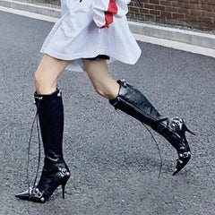 Aiertu - Women Sexy Chelsea Boots Pointed Toe High Heels Shoes Designer Winter New Stilettos Knee High Boots Pumps Motorcycle Botas Aiertu