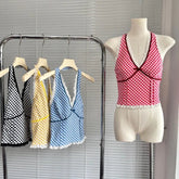 Aiertu - Red Plaid Halter Neck Tank Women's Summer Patchwork Lace Sexy Hot Girl Slim Fit Top Fashion Female Clothes Aiertu
