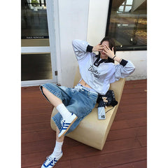 Aiertu Summer Vintage Women's Lace Printed Blue Denim Shorts Young Girl Casual High Waist Bottom Female Loose Capris Calf-length Pants Aiertu