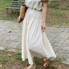 Aiertu New Women Summer Vintage 2 Two Pieces Skirt Set Puff Sleeve Crop Top with Elastic High Waist Long Skirts Aiertu