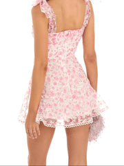 Aiertu - Women Summer Casual Dress Floral Print Tie-Up Shoulder Strap Mini Dress Fashion Double Layer Backless Cami Dress Aiertu