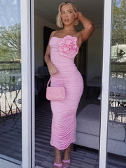Aiertu - Elegant Womens Flower Flower Decoration Pink Dress 2026 Sexy Strapless High Waist Tunics Shirring Slit Mid-calf Evening Dresses Aiertu