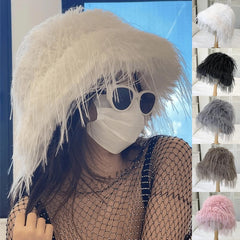 Aiertu - Luxury Plush Faux Fur Bucket Hats For Women Fashion Winter Ostrich Feather Female Thicken Warm Fisherman Caps Party Panama Bob Aiertu