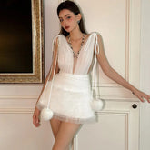Aiertu - Deep V Neck Cover Up Dress Women Fashion Bandage Pompom Short Dresses Party Elegant Sexy Backless Lace Mini Dress 2025 Aiertu