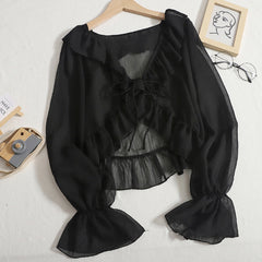 Aiertu Ruffles Chiffon Sun Protection Shirt Women Solid Lace Up Flare Sleeve Sunscreen Blouses Cardigan Loose Casual Thin Tops Aiertu