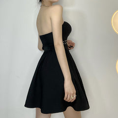 Aiertu - Metal Buckle Belt Draped Hem Irregular A Swing Dress Aiertu