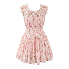 Aiertu - Sexy Off Shoulder Pink Floral Print Dress For Women Short Sleeve Elastic Waist Summer Mini Dresses Holiday Robe Aiertu