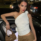 Aiertu - Floral Applique Sexy Crop Tops for Women Summer Club Party Irregular Y2K Tank Tops White Sleeveless Ruched Elegant Aiertu