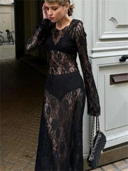 Aiertu - Black Lace Printed Long Dress For Women See-Through Hollow Out High Waist Patchwork Sexy Party Dress Women's Summer Dress Aiertu