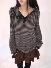 Aiertu - Korean Y2k Aesthetics Vintage Stripe Single Breasted Tshirts Women Harajuku Hooded T-shirt Streetwear Grunge Casual Loose Tees Aiertu
