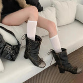 Aiertu - Vintage Pleated Mid-Calf Boots Cross-tied Square Toe Mid Heels Luxury Leather Fashion Novelty Sexy Concise Autumn Women Shoes Aiertu