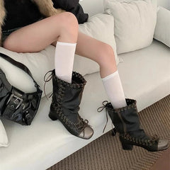 Aiertu - Vintage Pleated Mid-Calf Boots Cross-tied Square Toe Mid Heels Luxury Leather Fashion Novelty Sexy Concise Autumn Women Shoes Aiertu