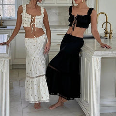 Aiertu - Vintage Frill Strap Front Tie Up Crop Tops + Maxi A-line Skirt Elegant Women Chic 2 Piece Set Fairy Y2K Matching Outfits Aiertu