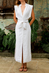Aiertu Linen Flutter Sleeve V-Neck Tie Front Slit Maxi Dress Aiertu