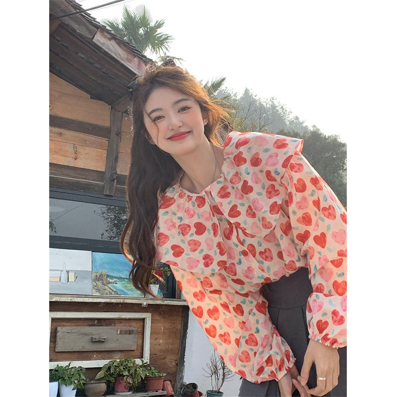 Aiertu Vintage Sweet Floral Shirts Women Cute Love Heart Print Peter Pan Collar Puff Long Sleeve Blouse Korean Preppy Casual Tops Aiertu