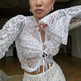 Aiertu - Sexy Lace Up Cardigan T-Shirt Female See Through Lace Flare Sleeve T-shirt Top Hot Girl Slim Fit Solid Splice Short Top Aiertu