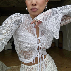 Aiertu - Sexy Lace Up Cardigan T-Shirt Female See Through Lace Flare Sleeve T-shirt Top Hot Girl Slim Fit Solid Splice Short Top Aiertu