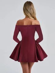 Aiertu - Women Corset A-line Party Dress Lady V-neck Off Shoulder Long Sleeve High Waist Tunics Short Dress Ruched Pleated Birthday Gowns Aiertu