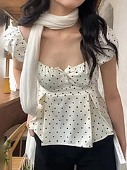 Aiertu - Simple Polka Dot Print Square Neck Women T-Shirts Slim Fit Ruffles Fashion Sweet Casual Design Blouses Aiertu