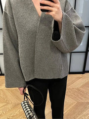 Aiertu - Casual Single Button Woolen Coat Women 2026 Long Sleeve Loose Short Autumn Winter Coat Female Elegant Grey Chic V-neck Coats Aiertu