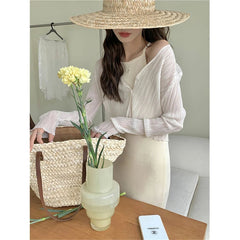 Aiertu Women Cropped Sun Proof Shirts White V Neck Long Sleeve Blouses Summer Korean Fashion Black Sun Protection Cardigan Tops Aiertu