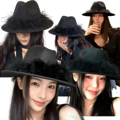 Aiertu - Black Fedora Hat For Women Men British Style Outdoor Flat Brim Top Hat Female Ostrich Fur Furry Wide Brim Party Cap Lady Aiertu