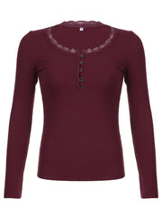 Aiertu - summer inspo Christmas American Retro Red Solid Slim Ribbed T-Shirt Women Button Up Lace Trim O Neck Long Sleeve Spring Auttumn Vintage Tees Aiertu
