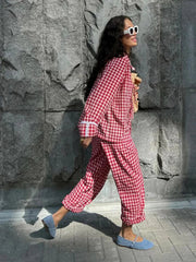 Aiertu - Fashion Plaid Long Pants Sets For Women Chic Peter Pan Collar Lace Up Shirt Wide Leg Pant 2 Pieces Sets Female Pajamas Outfits Aiertu