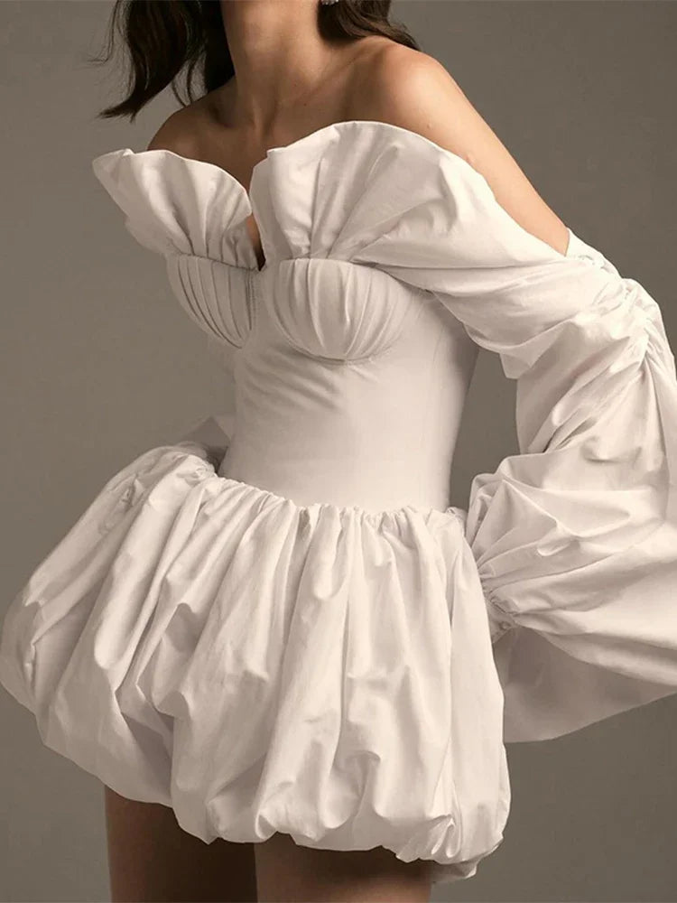 Aiertu - Off Shoulder Ruffle Dress White Slim Sexy Backless Long Sleeve Mini Dresses For Women's Patchwork Club Party Dress Femme Aiertu
