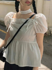 Aiertu - Summer Sweet Square Collar Women's Pullover Chiffon Shirt Fashion Folded Lace Bow Versatile Female Slim Fit Fluffy Sleeve Shirt Aiertu