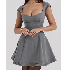 Aiertu - High Street Women Short Sleeve Gray Mini Dresses Sexy Backless Bandage Back A-line Summer Dress Party Robe Aiertu