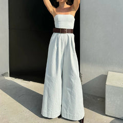 Aiertu - Temperament Women Strapless Rompers 2025 Spring Off-shoulder Backless High-waist Folds Jumpsuits Wide Leg Pants With Belted Aiertu