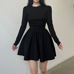 Aiertu - Corset Detail Black Long Sleeve Mini Dress Aiertu