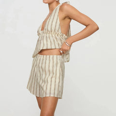 Aiertu - Women Pajamas Set 2 Pieces Loungewear Suits Stripe Tie-Up Halter Neck Sleeveless Tank Tops Shorts Sleepwear Outfits Aiertu