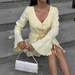 Aiertu - Cotton Pleated Women Jumpsuit with Button V-neck Drawstring High Waist Flared Sleeve Casual Rompers Commuter Strappy Jumpsuit Aiertu