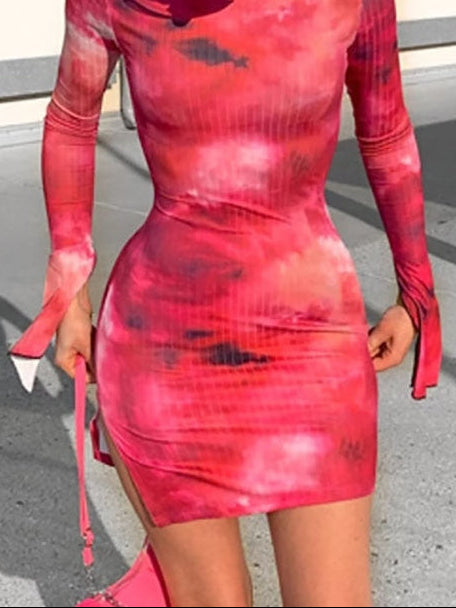 Aiertu Tie Dye Mock Neck Bodycon Dresses For Women Side Split Ribbed Long Sleeve Clubwear Midnight Outfit Party Mini Dress Hot Aiertu