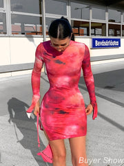 Aiertu Tie Dye Mock Neck Bodycon Dresses For Women Side Split Ribbed Long Sleeve Clubwear Midnight Outfit Party Mini Dress Hot Aiertu