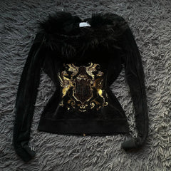 Aiertu - Winter Simple Plush Hooded Jacket for Women Y2k Harajuku Retro Long-sleeved Goth plus Velvet Warm Slim Zipper Cardigan Jacket Aiertu