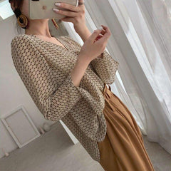 Aiertu Vintage Blouses Women Elegant V Neck Print Long Sleeve Loose Shirts Office Lady Casual Chiffon Chic Sun Protection Tops Aiertu