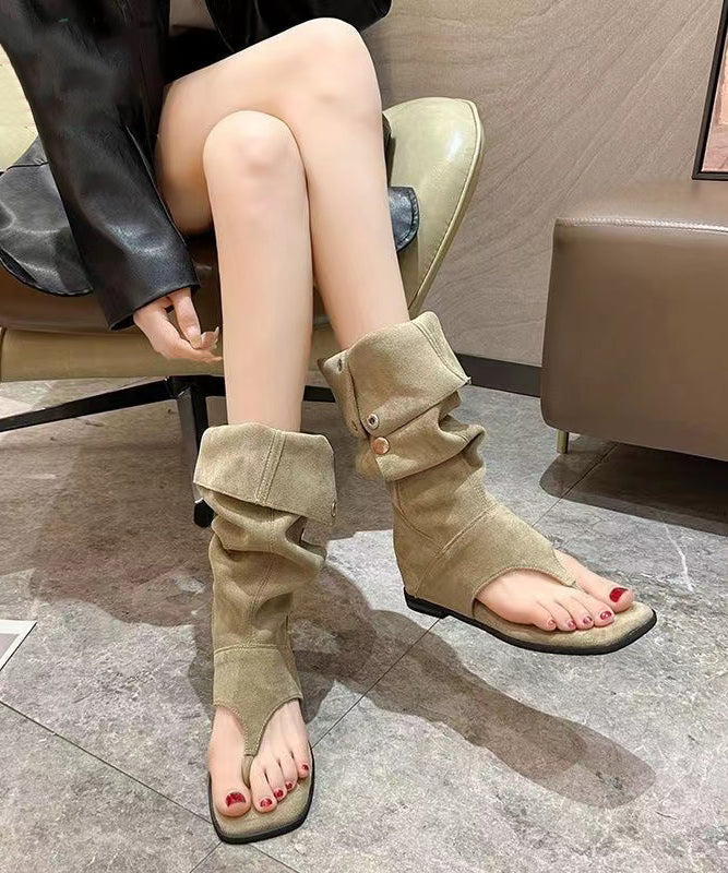 Aiertu Khaki Thong Sandals Boots Peep Toe Splicing Suede Wedge Aiertu