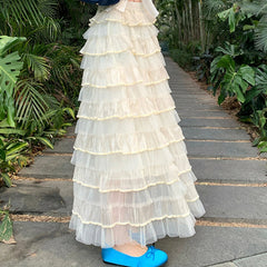 Aiertu - Summer 2026 Long Cake Skirt Women Solid Color High Rise Layered Ruffled A-line Tulle Skirt for Daily Office Aiertu