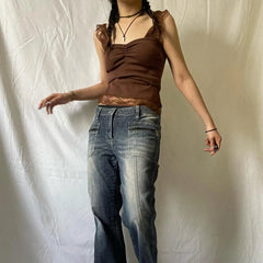 Aiertu Vintage Brown Crop Tops Lace Patchwork Sleeveless Shirt Vest Summer Open Back Slim Fit Tank Tops Women Fairy Grunge Y2k Camis Aiertu