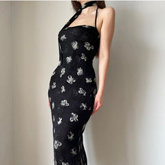Aiertu - Back Slit Velvet Halter Maxi Dress Aiertu
